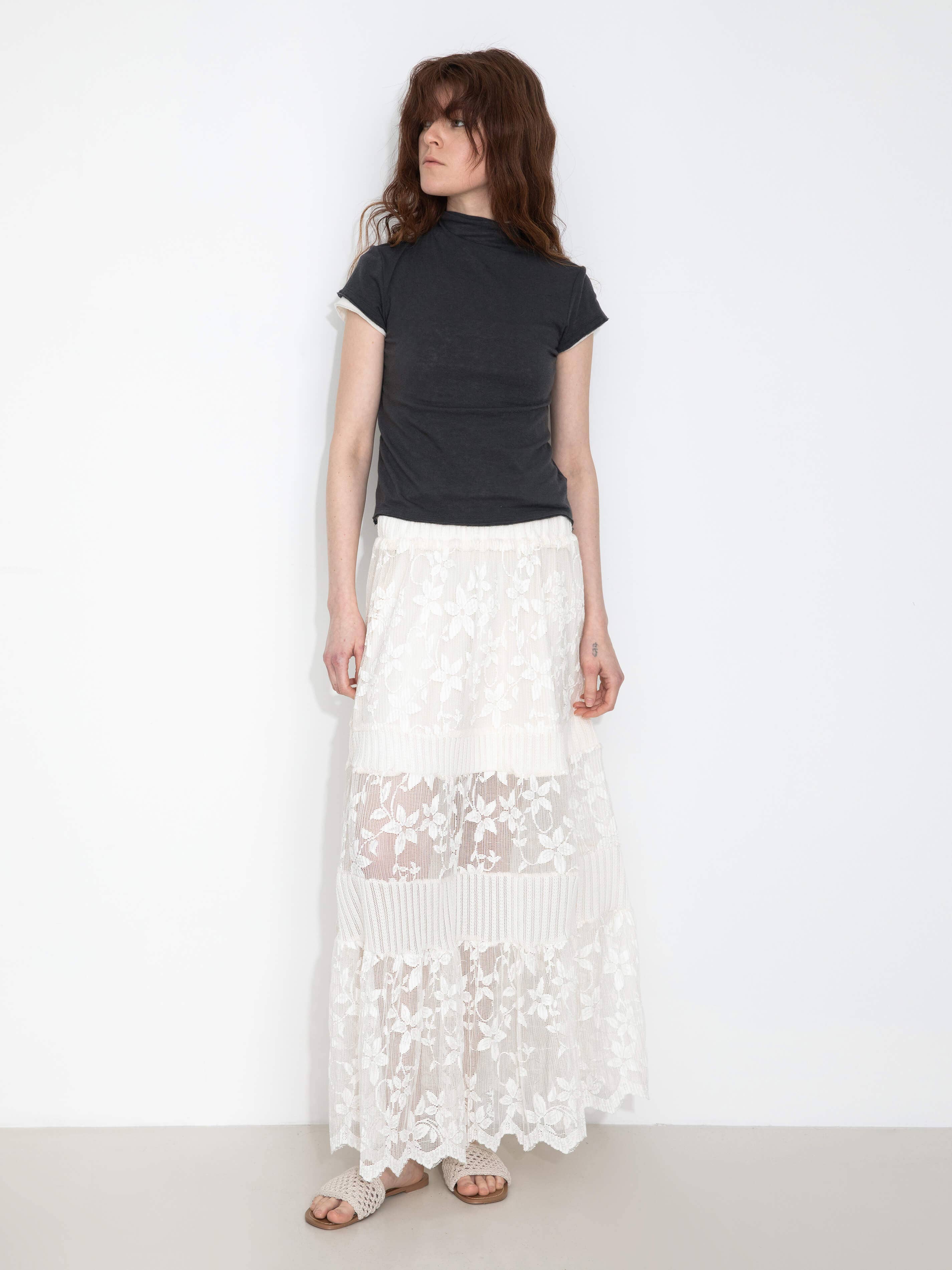 Textured Floral Print Lace Panel Skirt: FloralWhite / UN