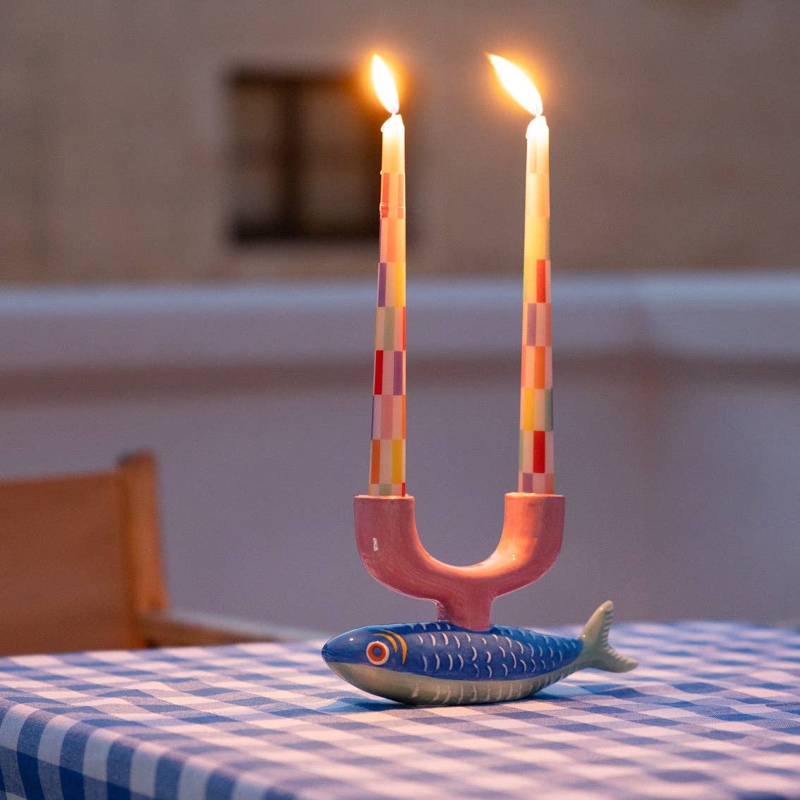 Multi Coloured Check Taper Dinner Candles