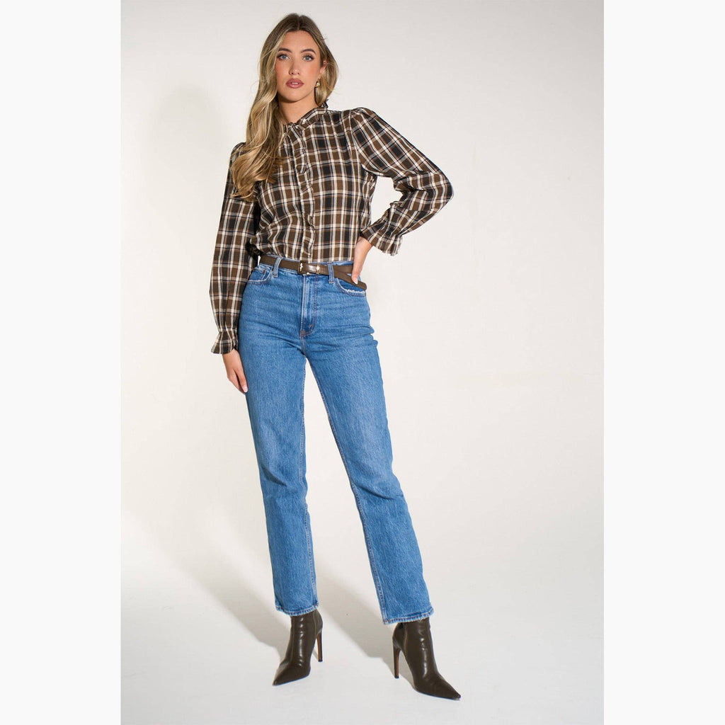 Plaid Check Ruffled Collar Shirt in Brown: Large (UK 16-18)