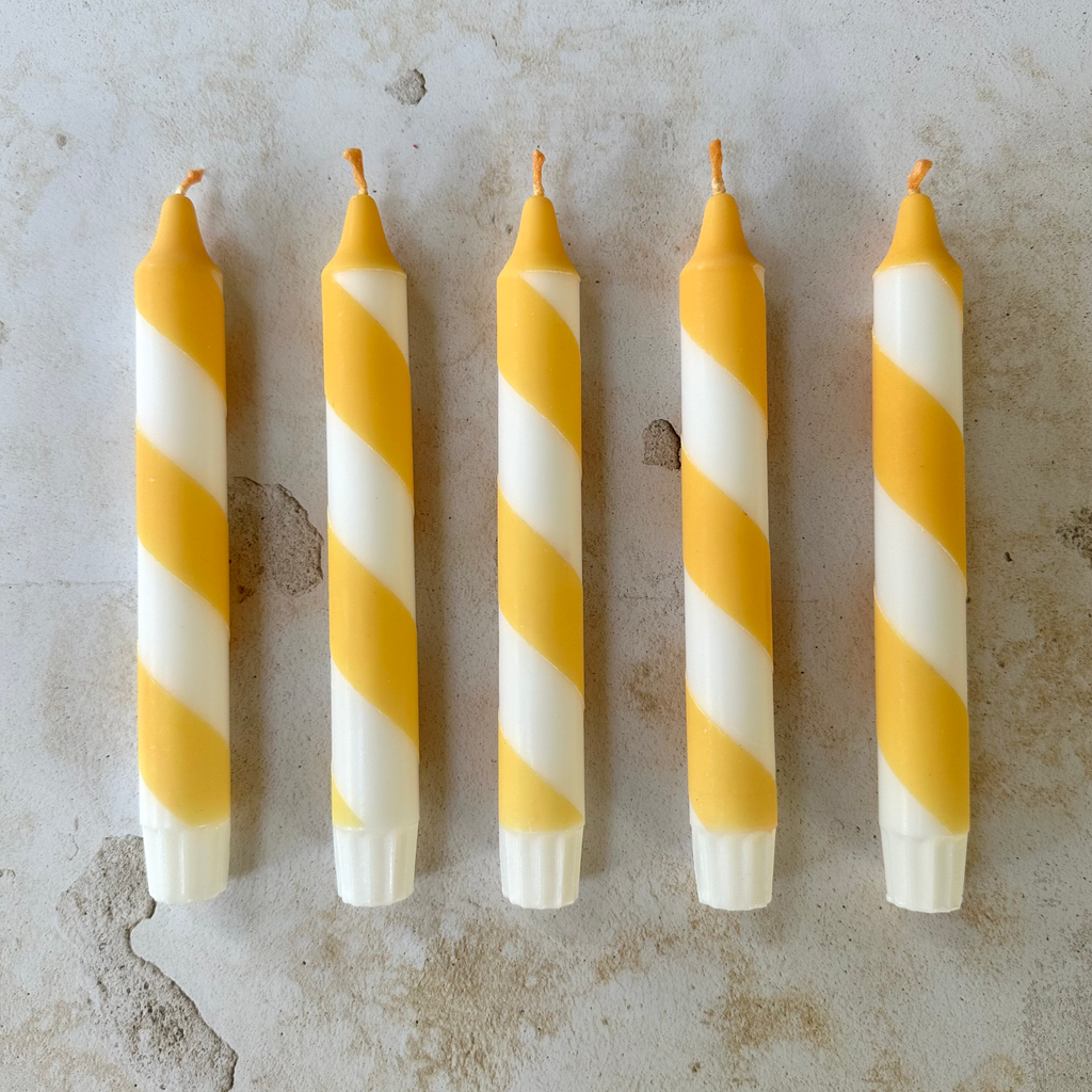 Butter Yellow & White Candy Cane Stripe Hand Dipped Candles 