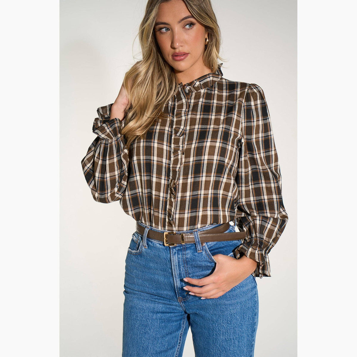 Plaid Check Ruffled Collar Shirt in Brown: Large (UK 16-18)