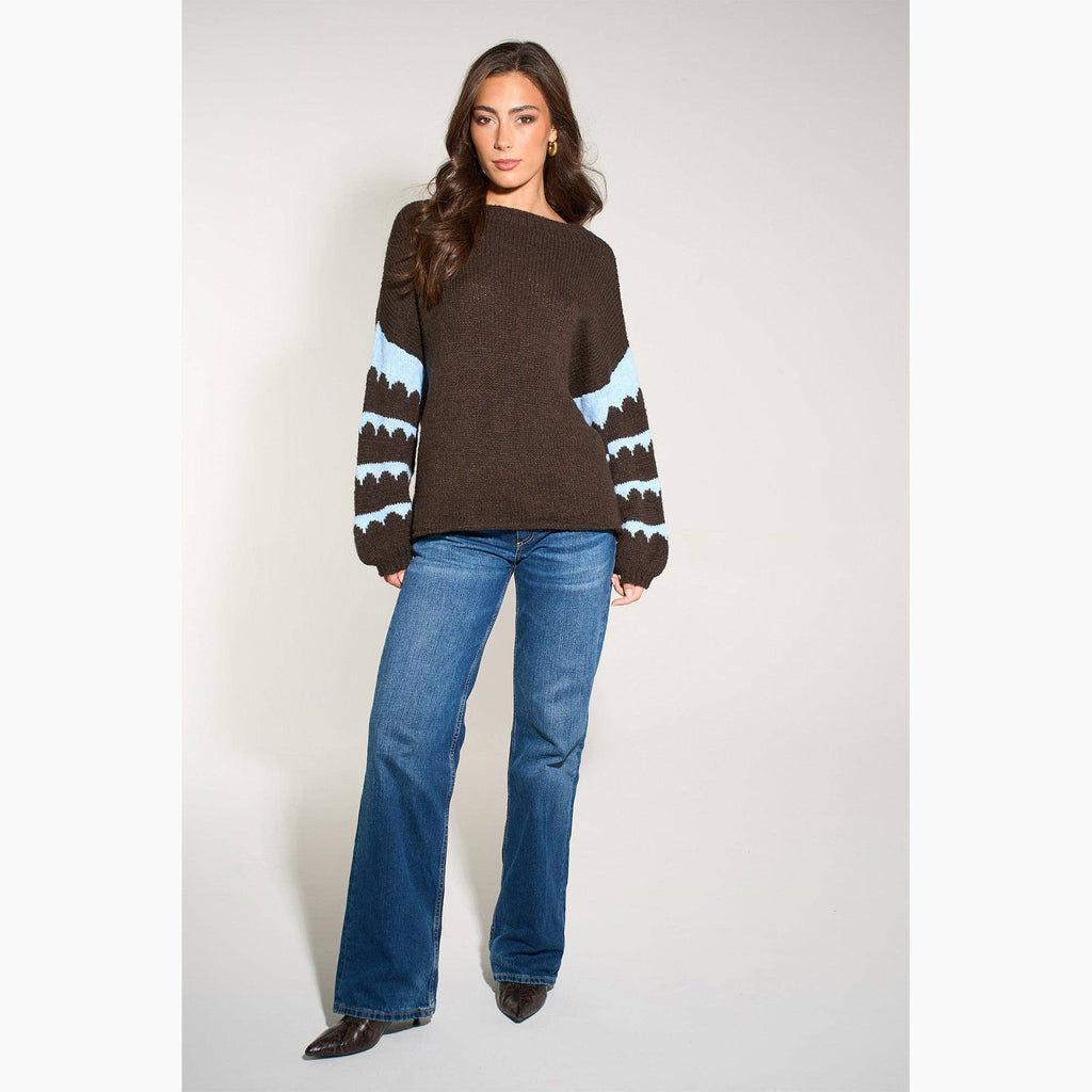 Striped Sleeve Italian Wool Blend Jumper in Brown/Blue: One Size