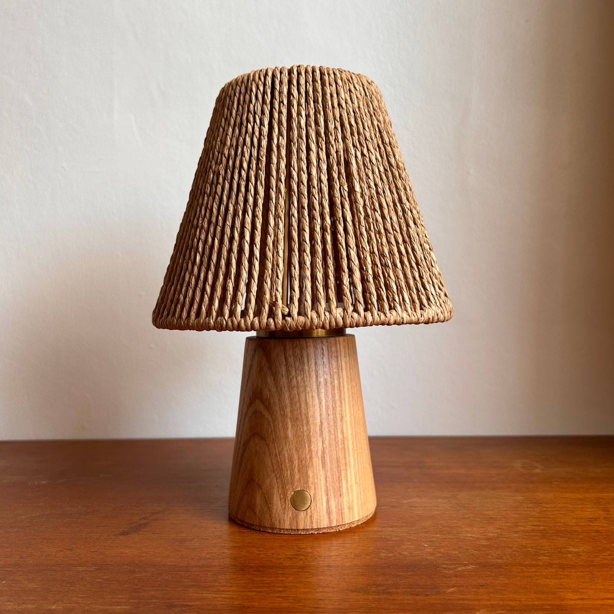 Small Smooth Beech rechargeable touch lamp cone rope shade