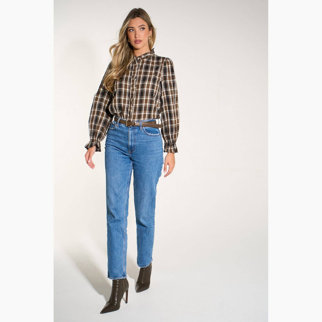 Plaid Check Ruffled Collar Shirt in Brown: Large (UK 16-18)