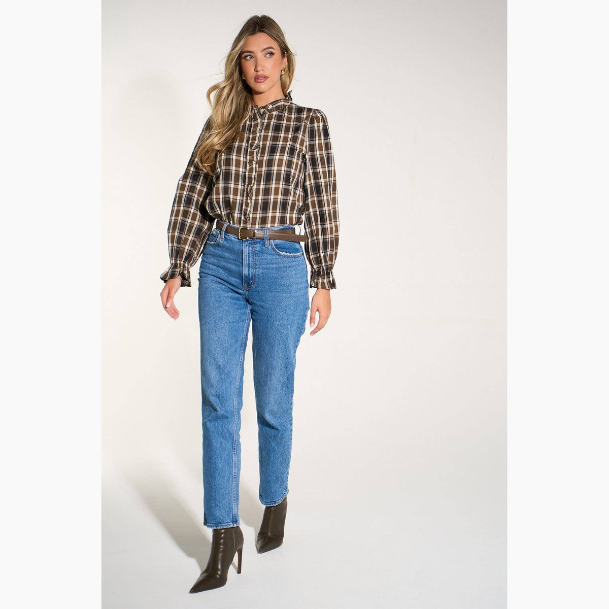 Plaid Check Ruffled Collar Shirt in Brown: Large (UK 16-18)