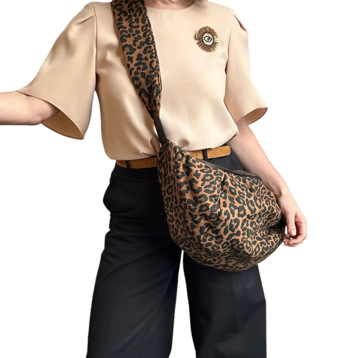 Cross Body Sling Bag - Brown Leopard Print - Large