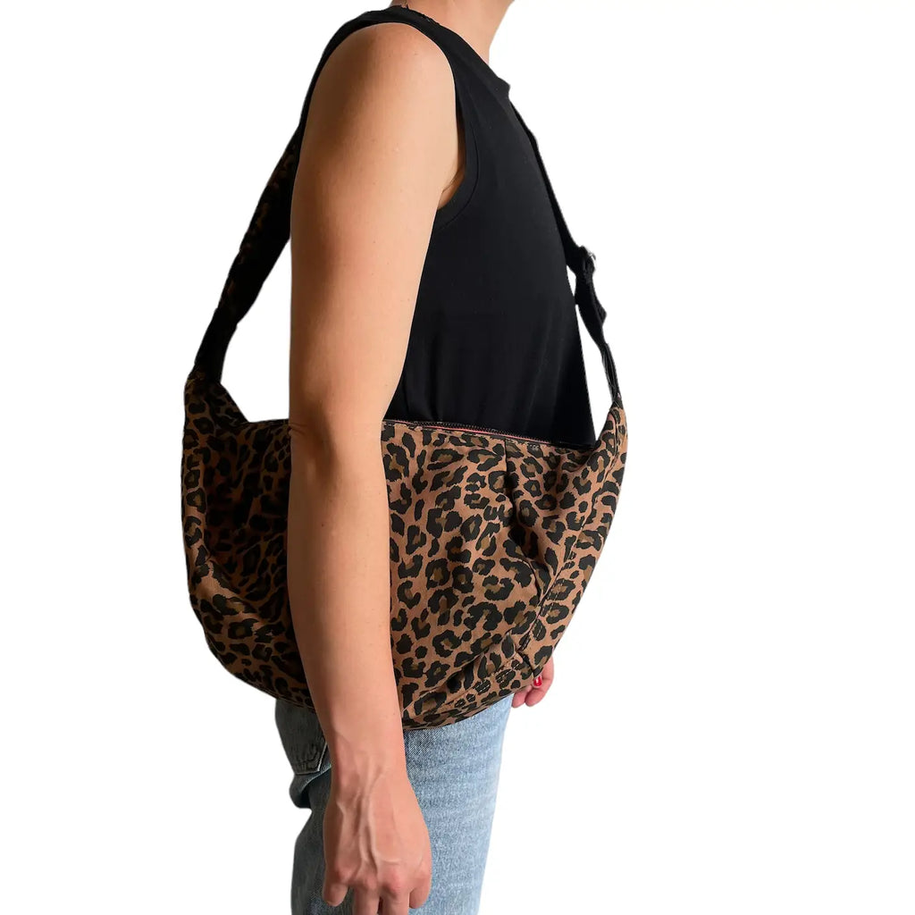 Cross Body Sling Bag - Brown Leopard Print - Large