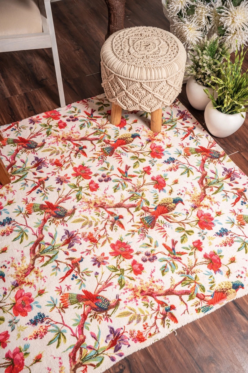Ivory Birds & Bloom Cotton Velvet Rug