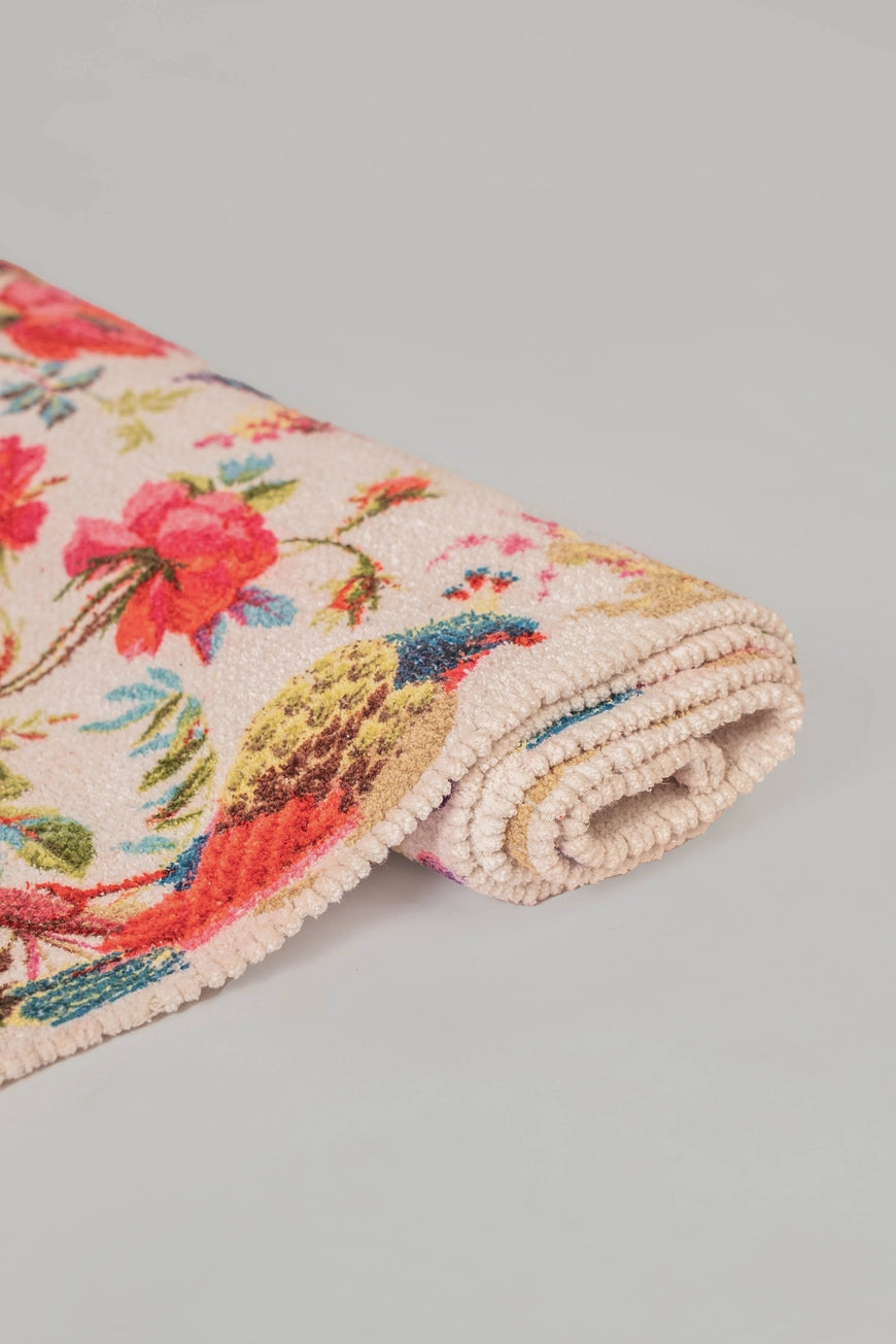Ivory Birds & Bloom Cotton Velvet Rug