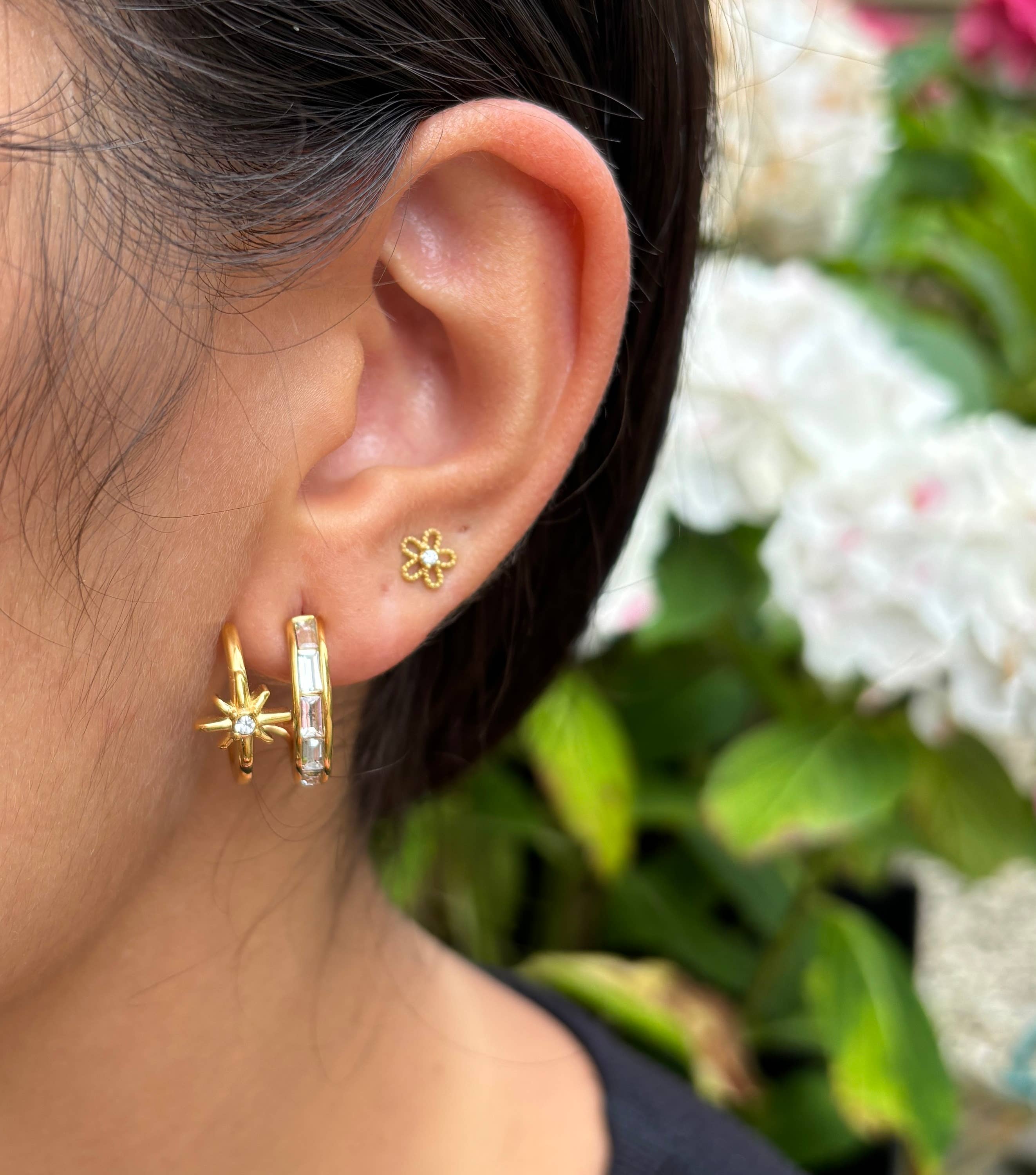 18ct Gold Plated Cubic Zirconia Star Double Curve Earrings 