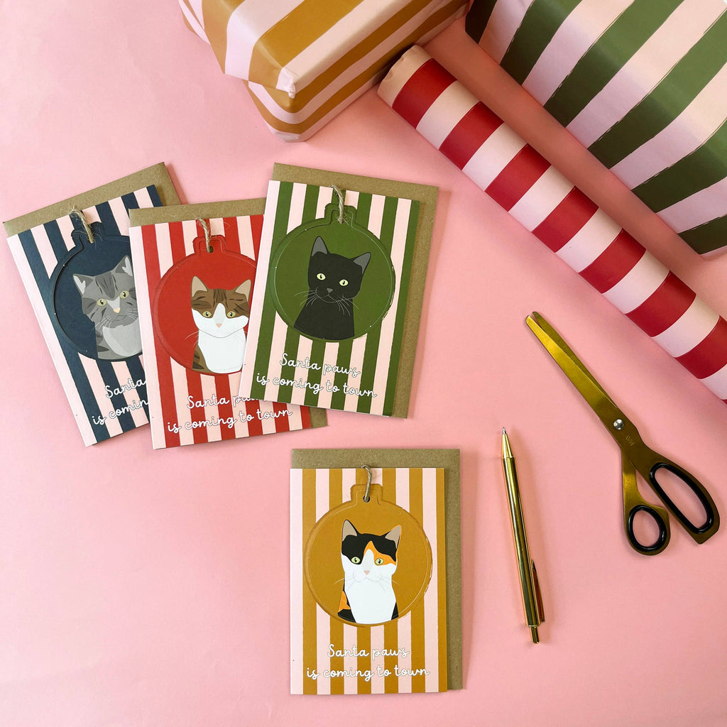 Cat Breed - Pop Out Christmas Bauble Cards : BROWN TABBY/ WHITE - RED/PINK STRIPE