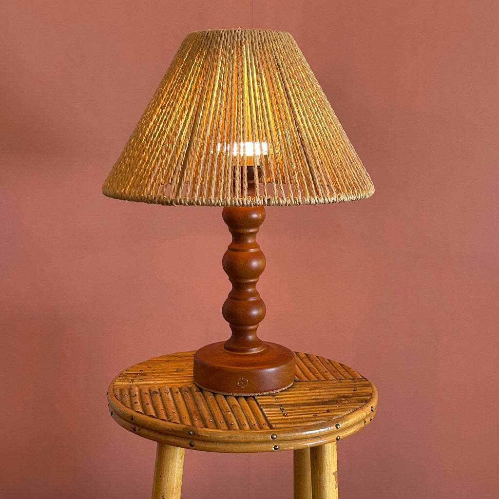 Bobbin Teak style rechargeable touch lamp with Rope shade: Beech