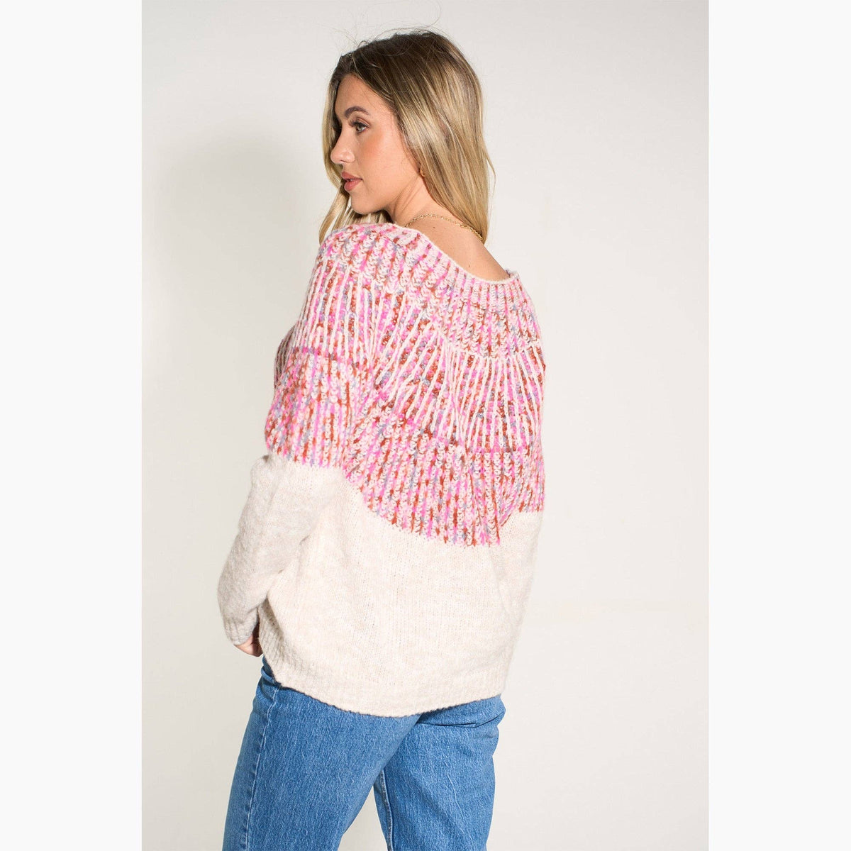 Scandi Style Print Italian Wool Blend Jumper in Cream/Fuchsia