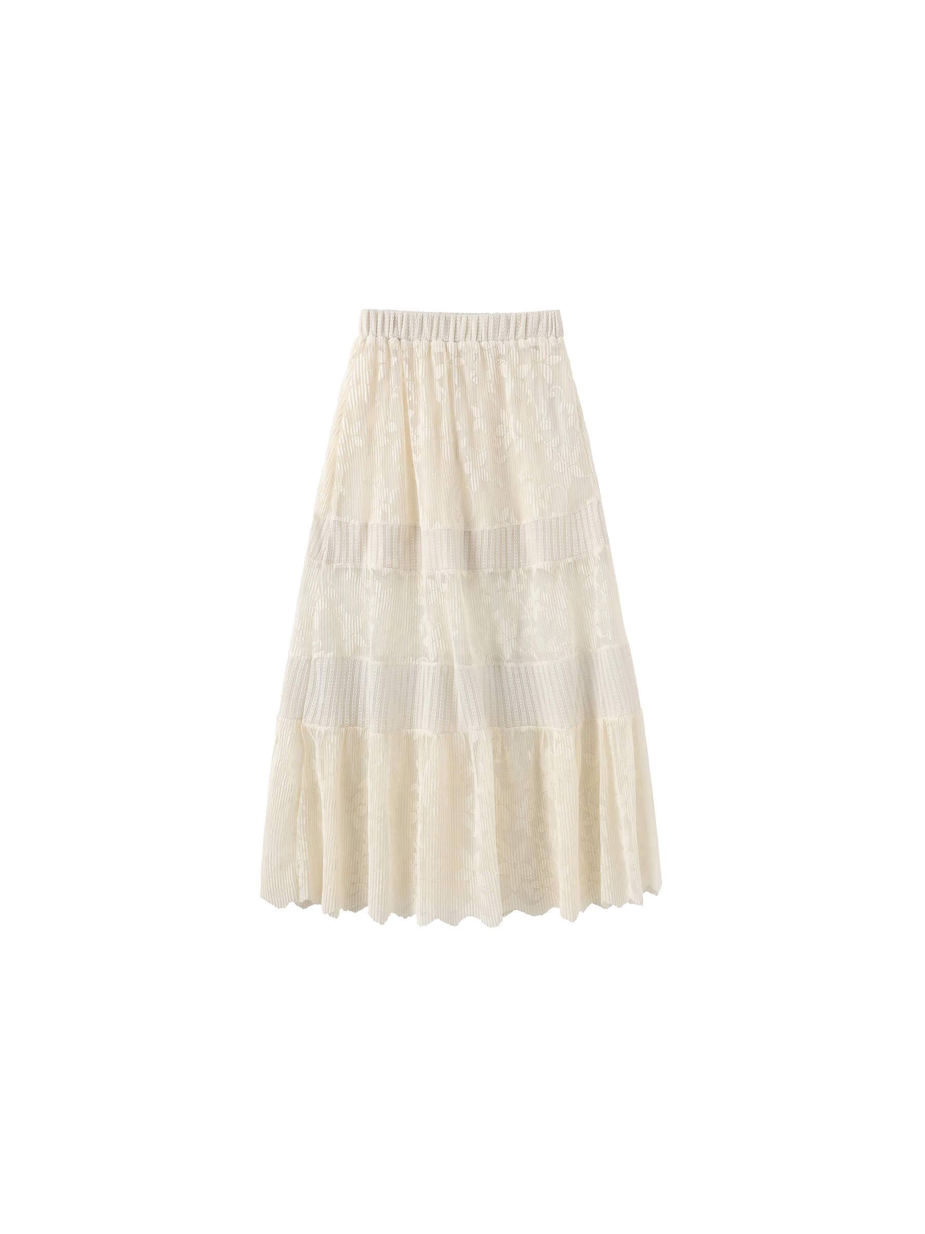 Textured Floral Print Lace Panel Skirt: FloralWhite / UN