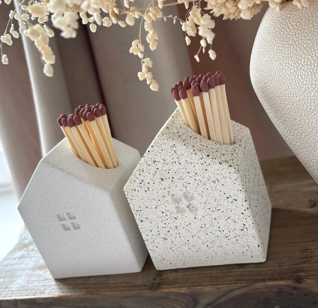 Concrete Matchstick Holder | House Shaped with Striking Pads: White Granite