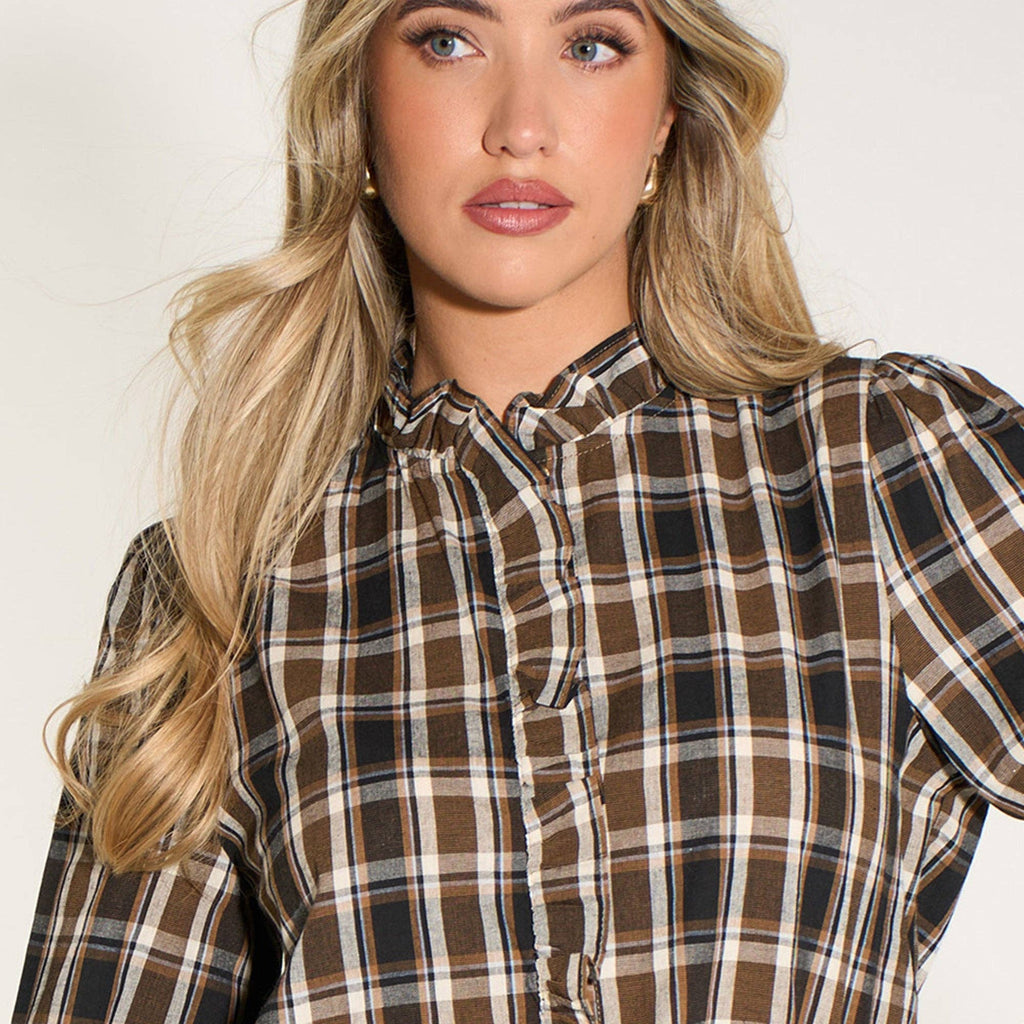 Plaid Check Ruffled Collar Shirt in Brown: Large (UK 16-18)