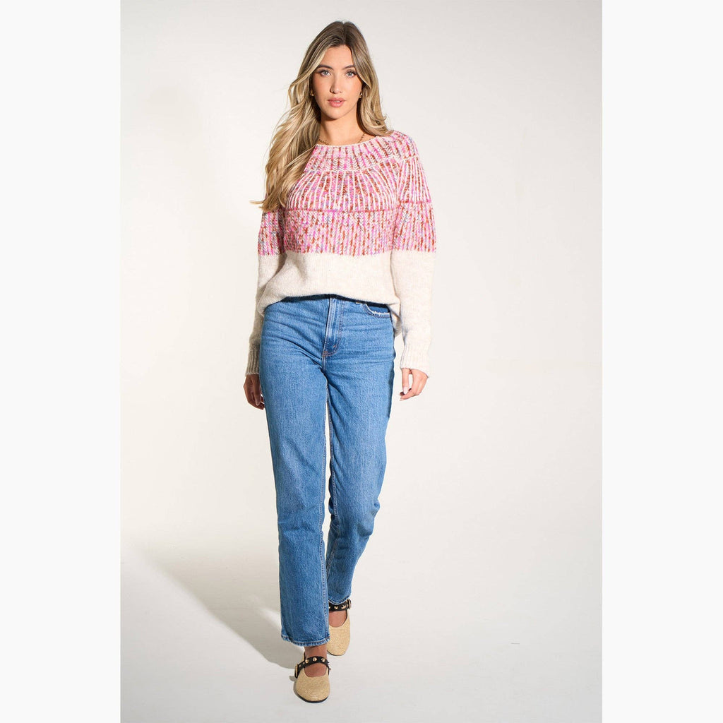 Scandi Style Print Italian Wool Blend Jumper in Cream/Fuchsia