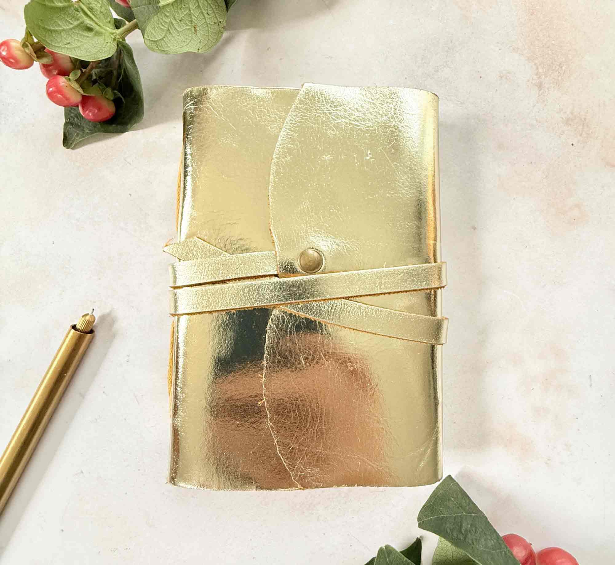 A6 Handmade Leather Notebook in Metallic Gold | & Gift Bag