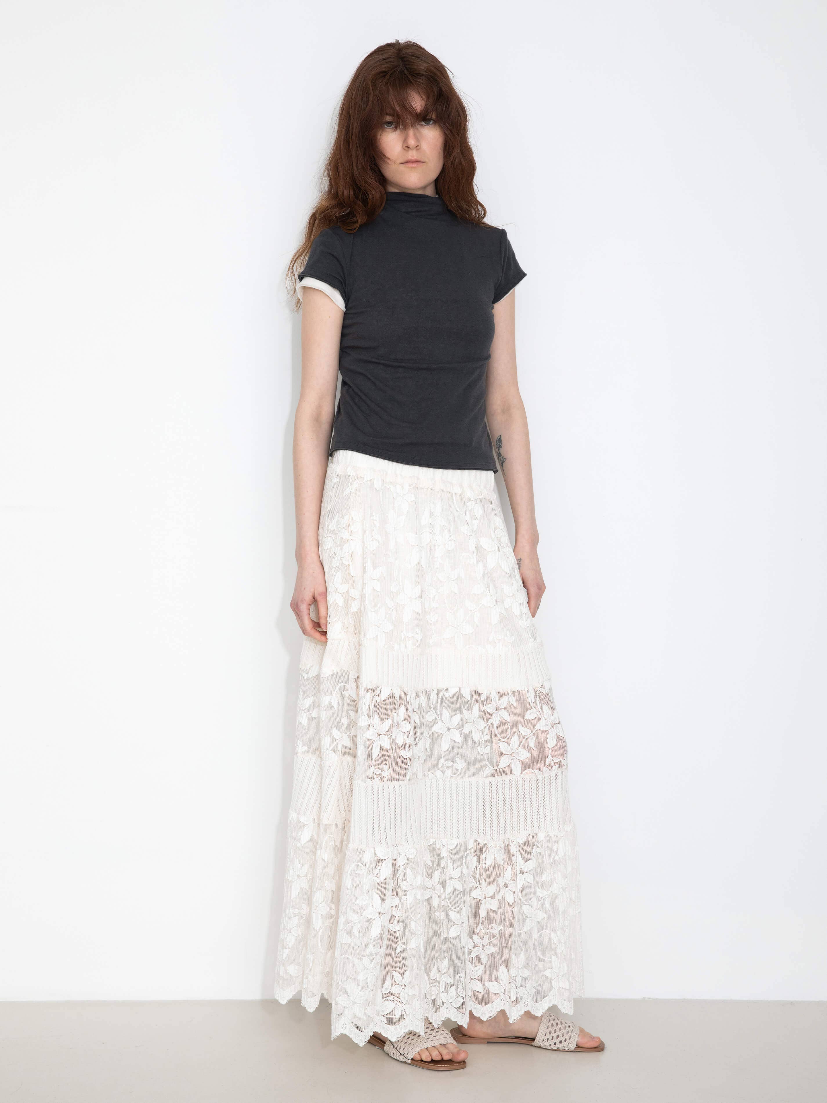 Textured Floral Print Lace Panel Skirt: FloralWhite / UN