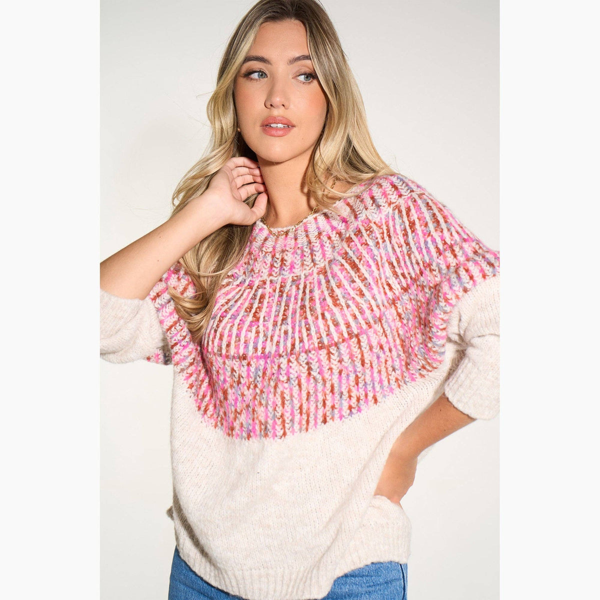 Scandi Style Print Italian Wool Blend Jumper in Cream/Fuchsia