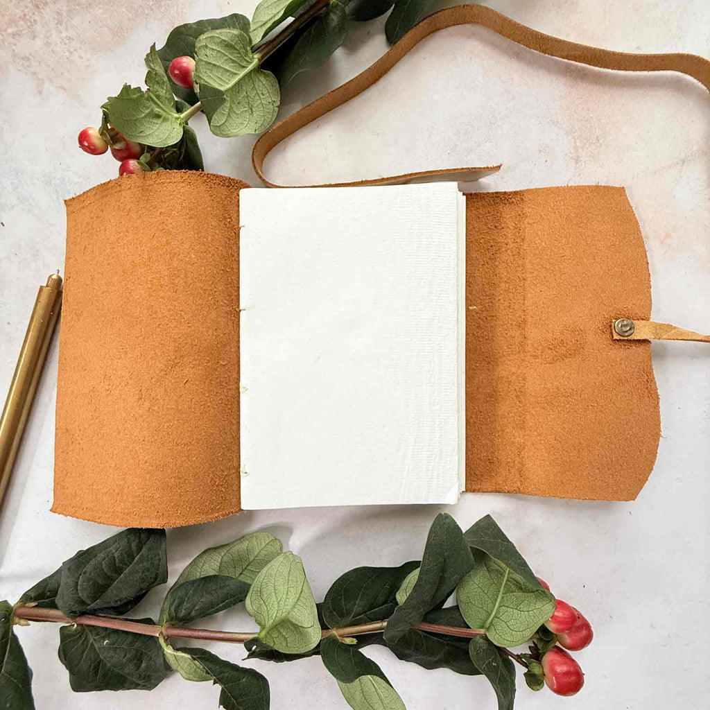 A6 Handmade Leather Notebook in Metallic Gold | & Gift Bag