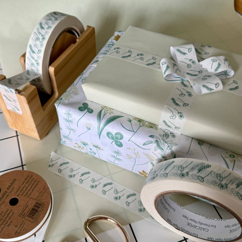 Green Floral Paper Tape 24mm - Eco Friendly Packing Tape