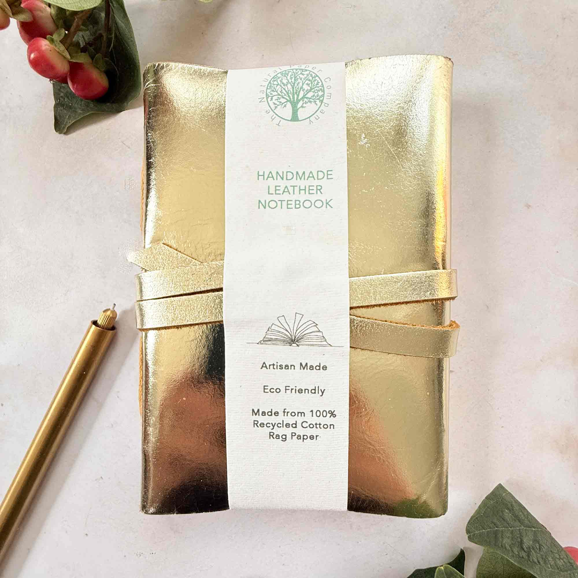 A6 Handmade Leather Notebook in Metallic Gold | & Gift Bag