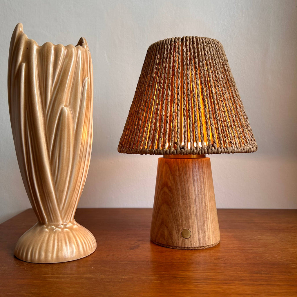 Small Smooth Beech rechargeable touch lamp cone rope shade
