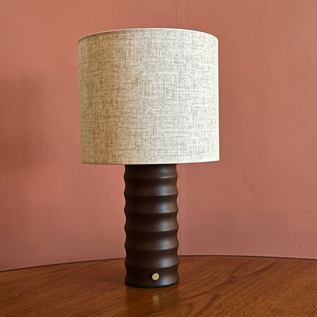 Bamboo Block style rechargeable touch lamp with cream shade : Walnut