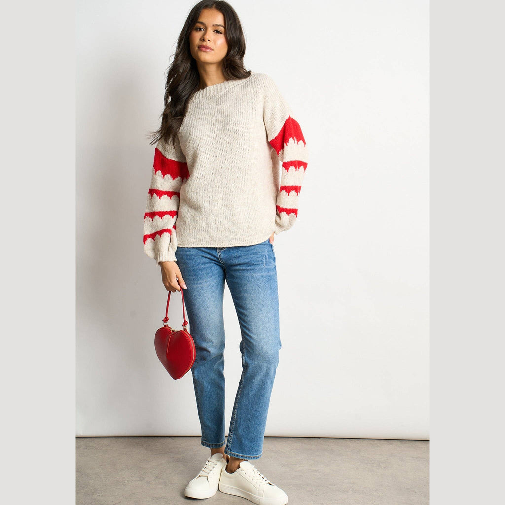 Striped Sleeve Italian Wool Blend Jumper in Cream/Red: One-size
