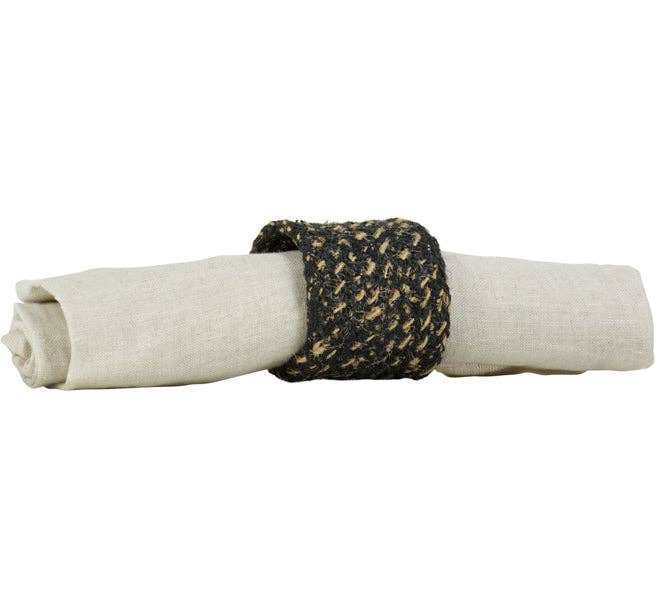 Jute Napkin Rings in Jet Black/Natural, Tied Set of 4
