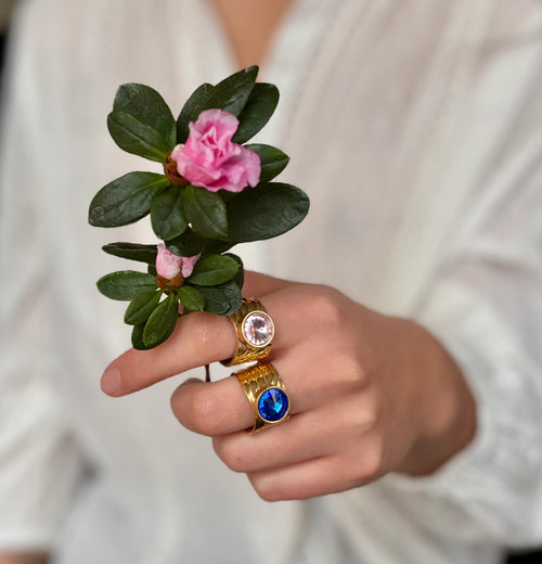 18ct Gold Plated Pink Cubic Zirconia Textured Band Ring