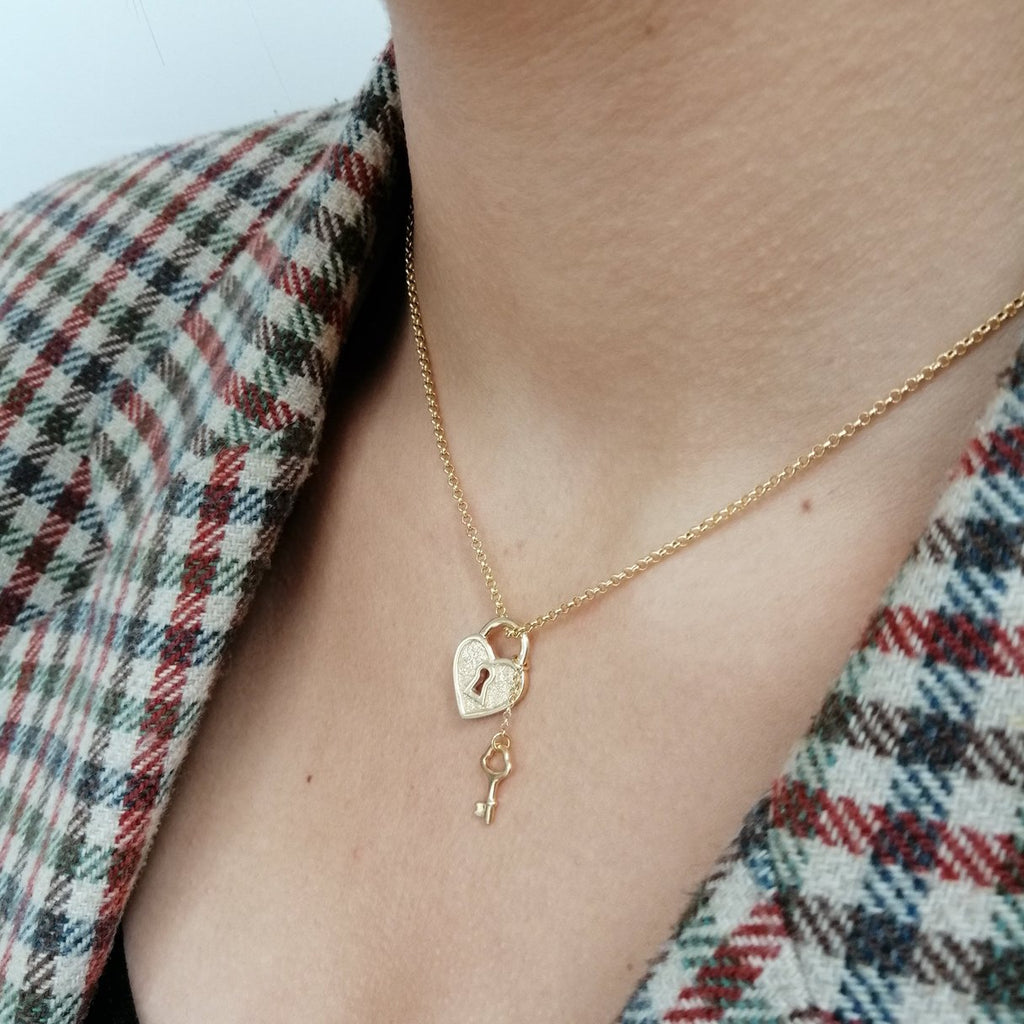 Heart Shaped Padlock and Key Necklace - Gold