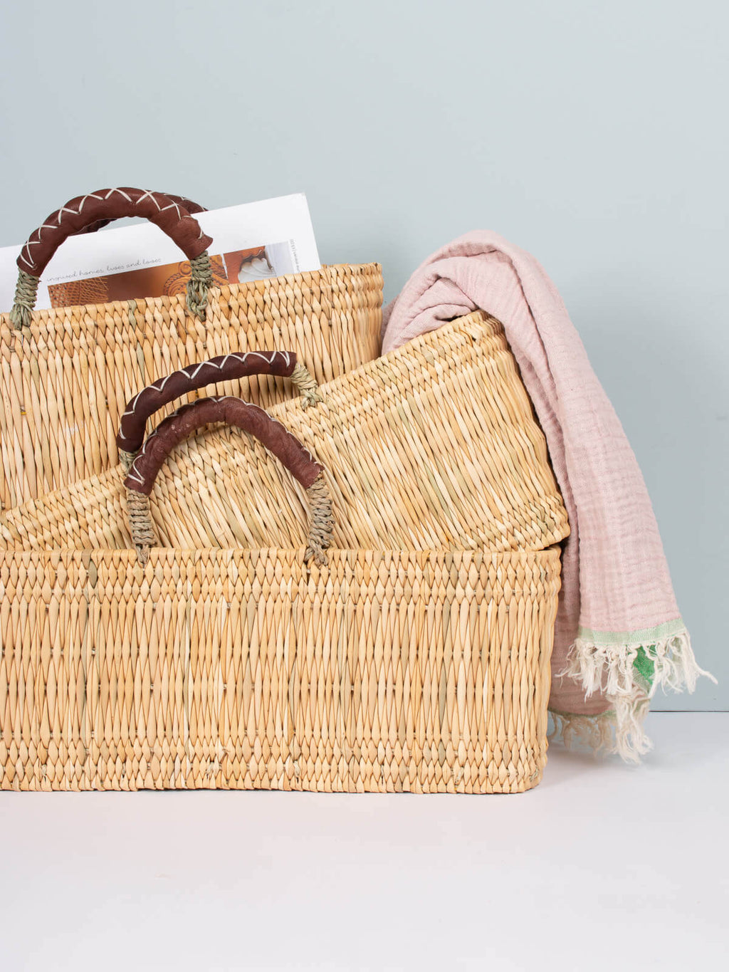 Reed baskets with leather